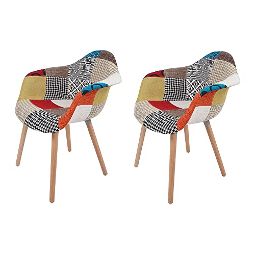 Qiyano Stuhl Patchwork 2er Set Polsterstuhl für Esszimmer Wohnzimmer Retro-Look Modern Sessel Stühle mit Armlehne Stoffbezug und Holzbeine, Farbe: Multi