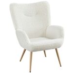 Yaheetech 1 x Moderner Sessel aus Teddy-Plüsch Ohrensessel Armsessel Lehnsessel Polsterstuhl mit Holzbeine bis 136 kg Belastbar Weiß