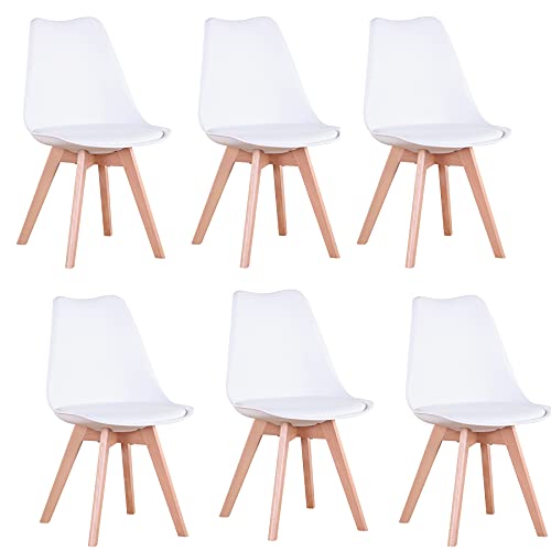 EGOONM 6er Set stühle Esszimmerstühle mit Massivholz Buche Bein, Retro Design Gepolsterter Stuhl Küchenstuhl Holz, Weiß