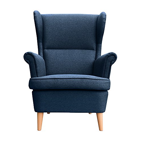 myHomery Sessel Luccy gepolstert - Ohrensessel Polsterstuhl für Esszimmer & Wohnzimmer - Lounge Sessel mit Armlehnen - Eleganter Retro Stuhl aus Stoff mit Holz Füßen - Navy Blue | Sessel