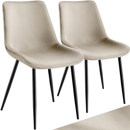 tectake® Esszimmerstühle 2er Set, Polsterstuhl, Küchenstuhl, Wohnzimmerstuhl, Schminktisch Stuhl, ergonomischer Stuhl mit Rückenlehne und Sitzfläche aus Samt, Schwarze Metallbeine - Creme