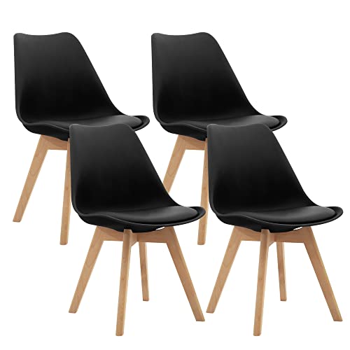 CangLong 4er Set Esszimmerstühle mit Beinen aus massivem Buchenholz, Mid Century Modern Retro Design Polsterstühle für Küche, Esszimmer & Wohnzimmer, Schwarz